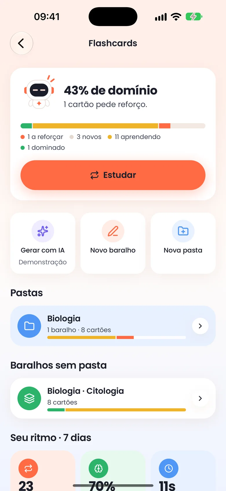 Início dos Flashcards: 43% de domínio, pastas e baralhos de Biologia.