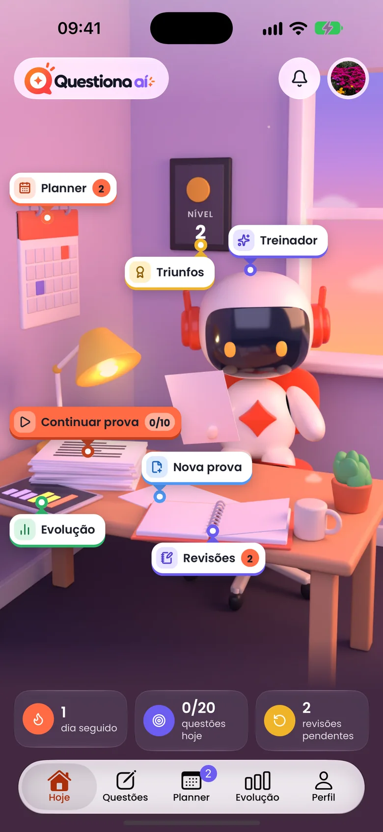 Tela inicial do app: o mascote estuda em uma mesa, com atalhos para Planner, Triunfos, Treinador, Nova prova, Evolução e Revisões.