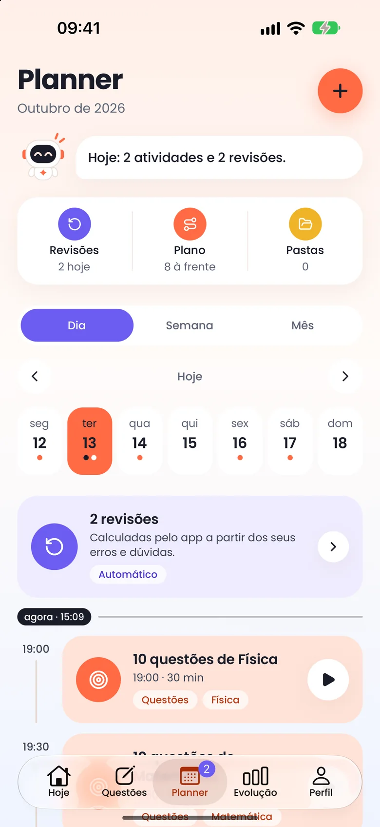 Planner do dia: duas revisões calculadas pelo app e blocos de questões às 19h e 19h30.