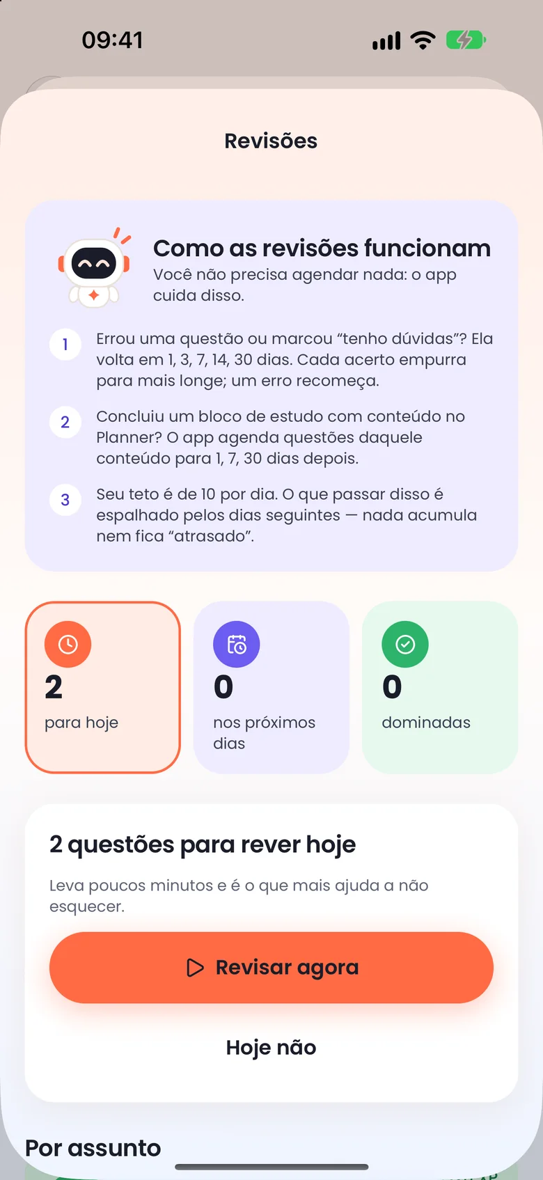 Tela de Revisões explicando como funcionam e mostrando duas questões para rever hoje.