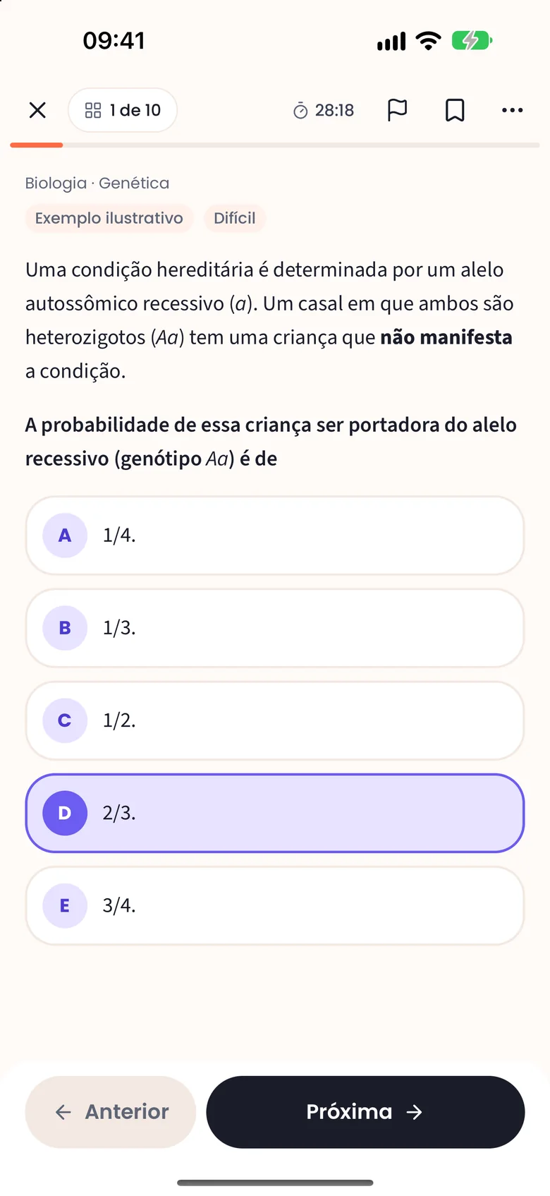 Questão de Biologia em um simulado, com tempo correndo e a alternativa D marcada.